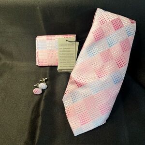NWT- Silk Pink Blue Checkered Necktie Set